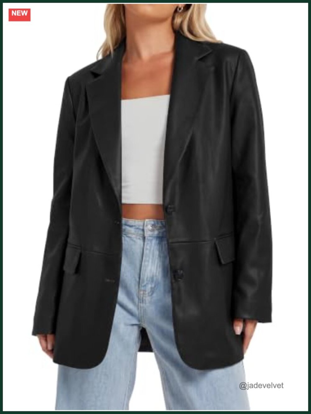 Faux Leather Blazer Jacket Loose Casual Button Down Flap Pockets